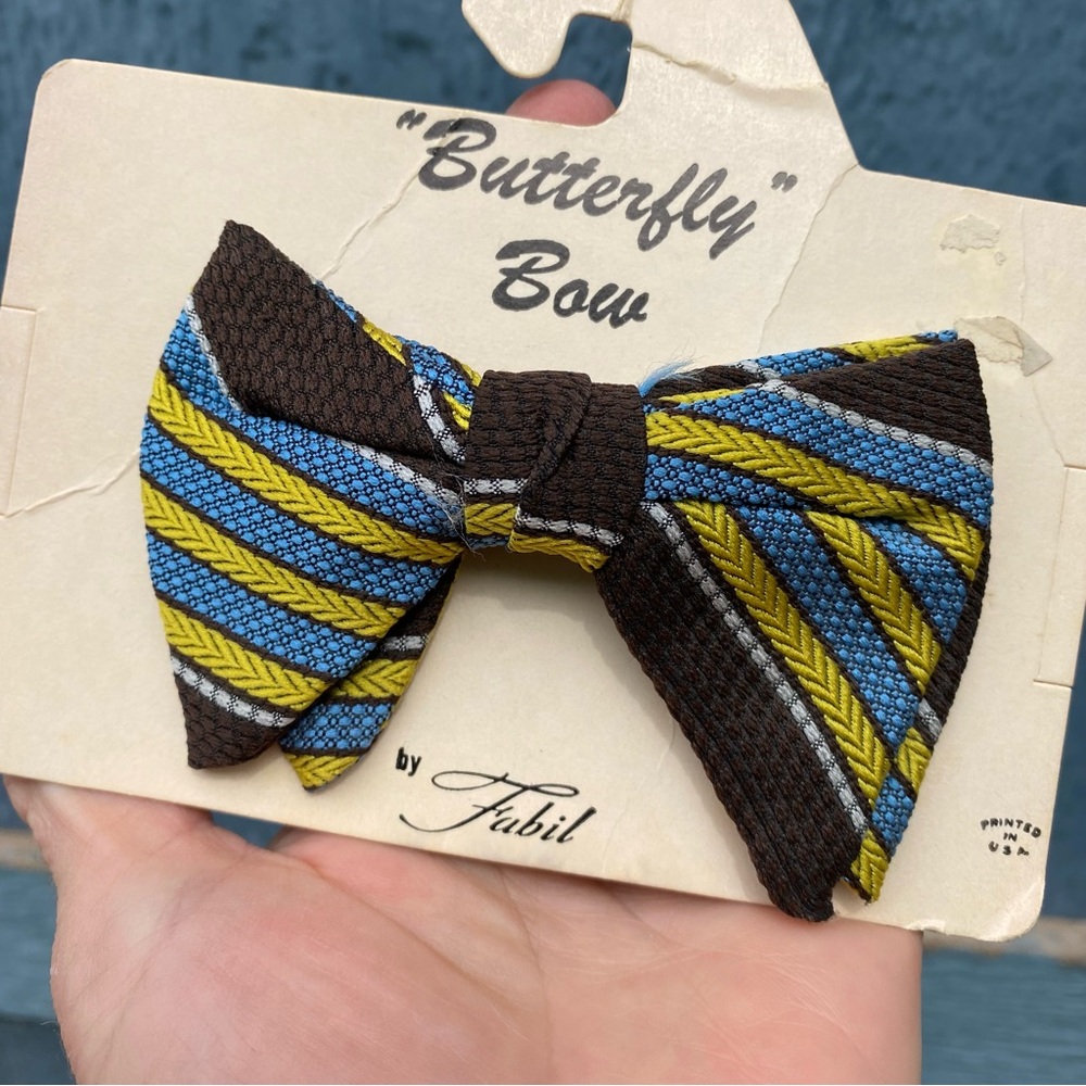 Vintage 50’s bowtie, Fubil Butterfly Bowtie  in Brown, Blue, and Yellow